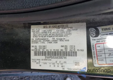 2010 Ford Fusion Sel из США, поврежденный, VIN 3FAHP0JGXAR300744